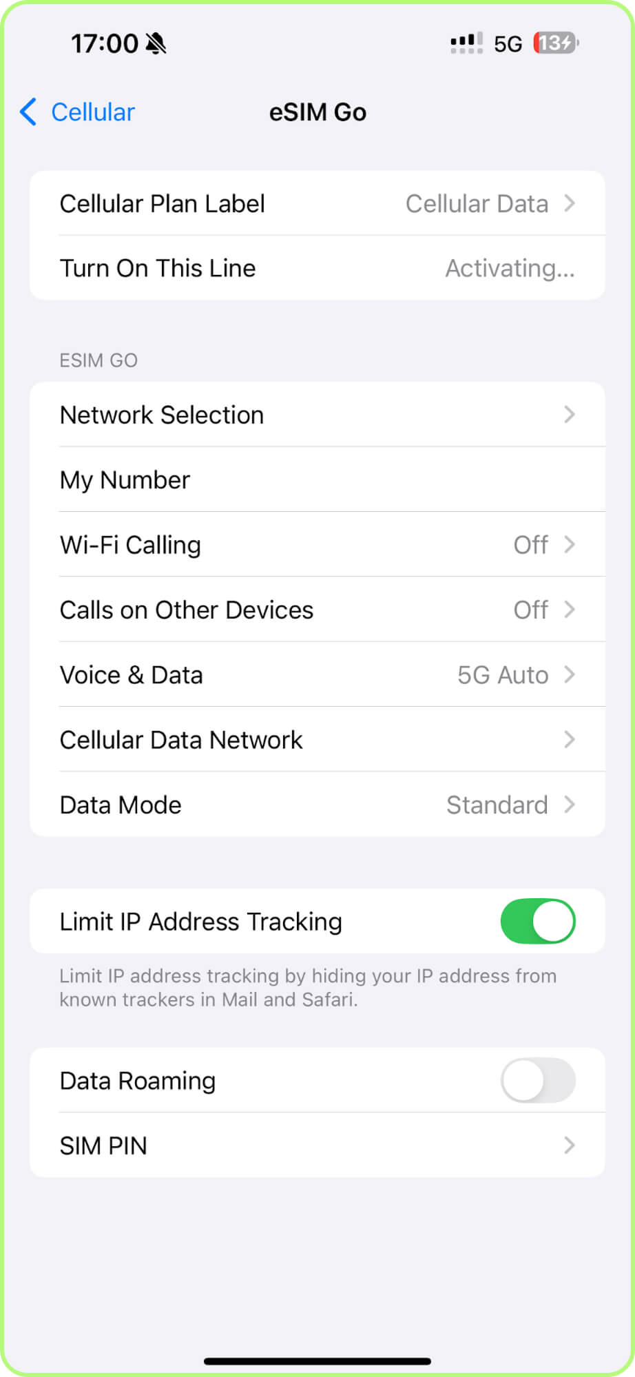 Choose Cellular Plan Label