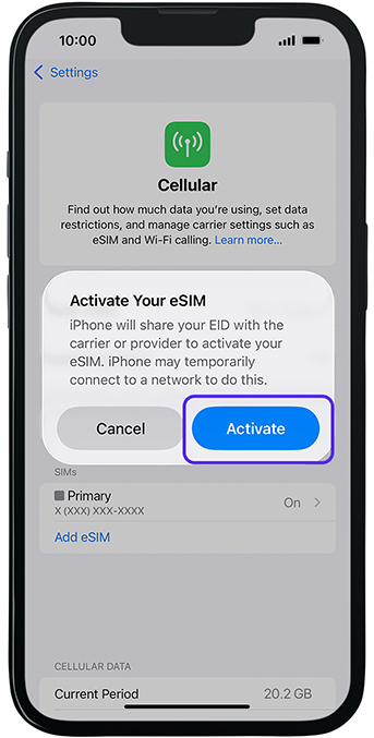 Activate eSIM button