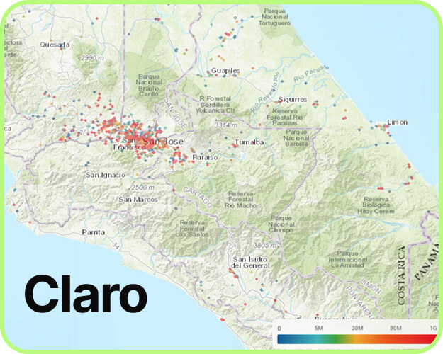 Map of mobile coverage Claro in Costa Rica