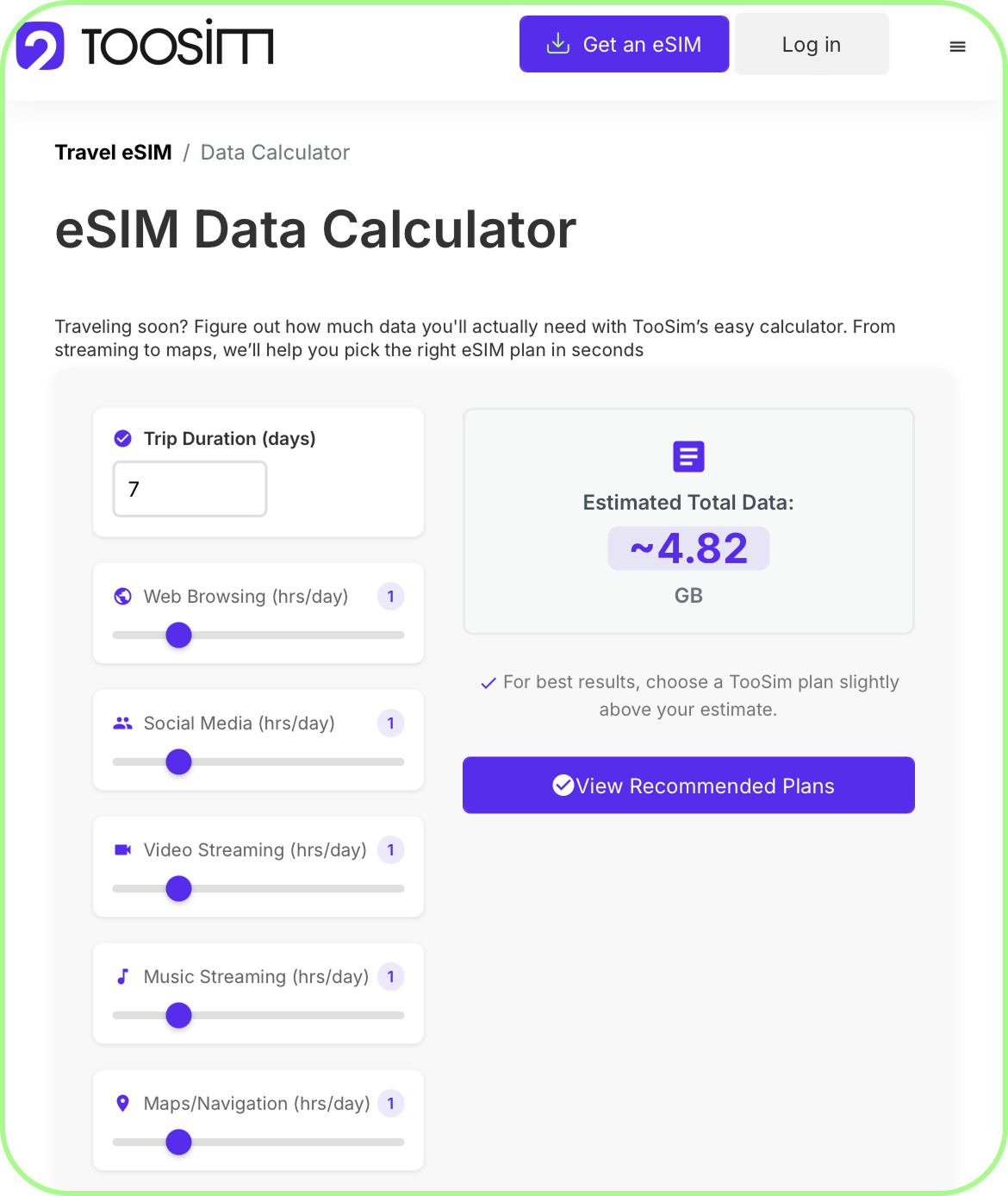 open the toosim esim data calculator