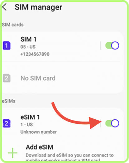Open SIM Manager. Select your new travel eSIM, and switch it to On