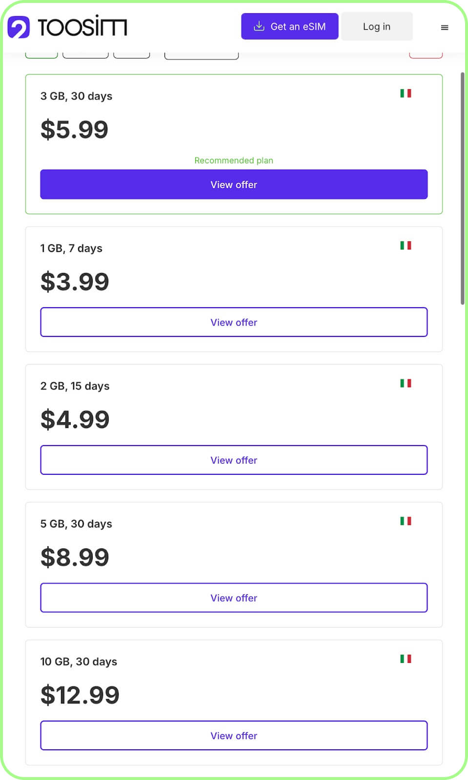 toosim travel esim plans for italy and portugal