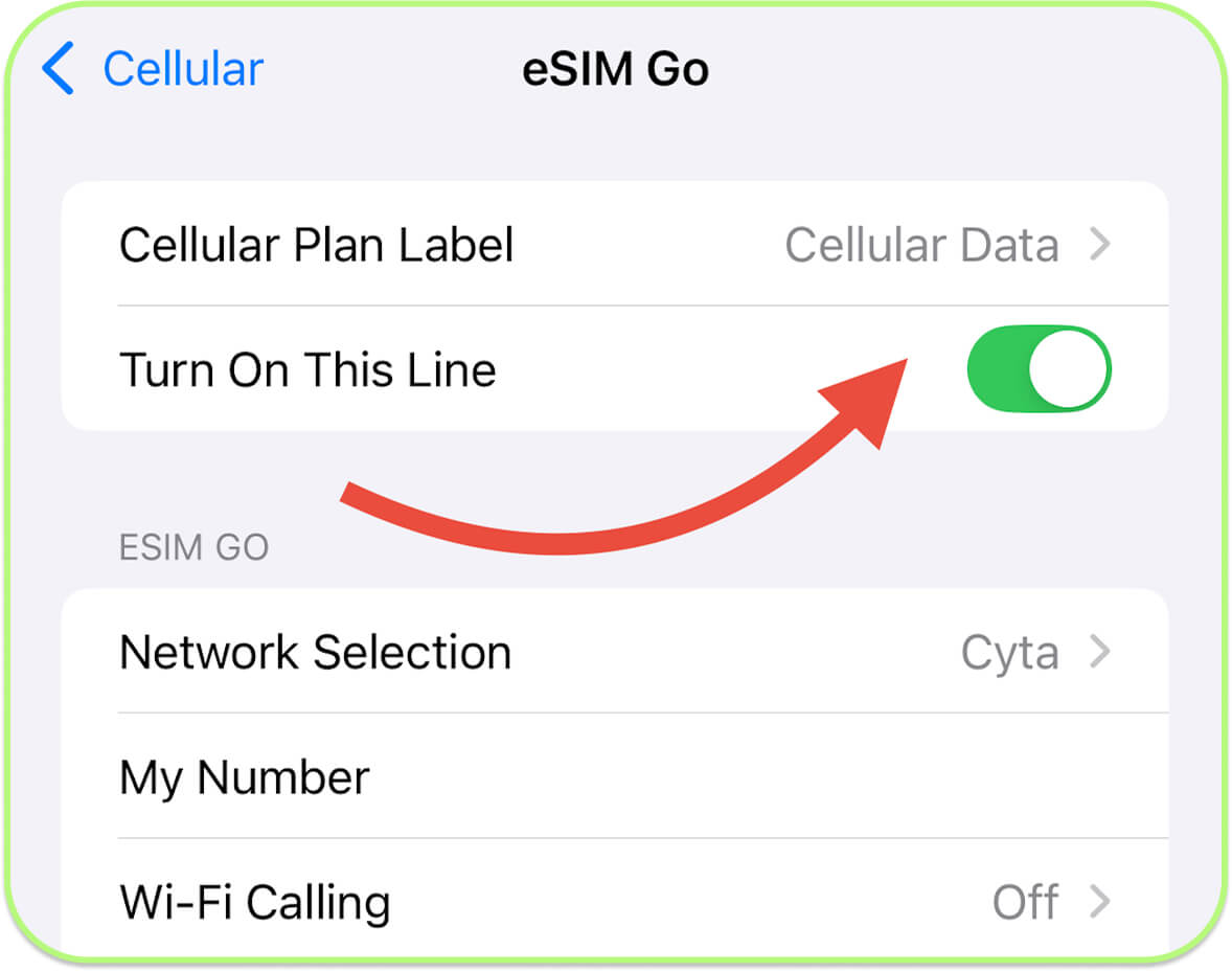 Disable eSIM on iPhone via Settings, Cellular, select eSIM, Turn Off This Line