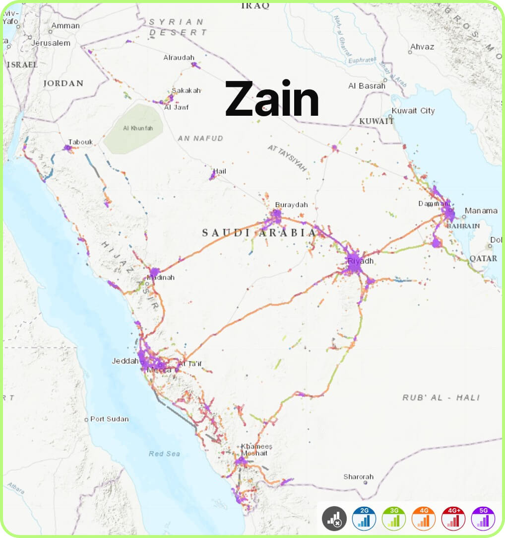 Map of mobile coverage Zain in Saudi Arabia